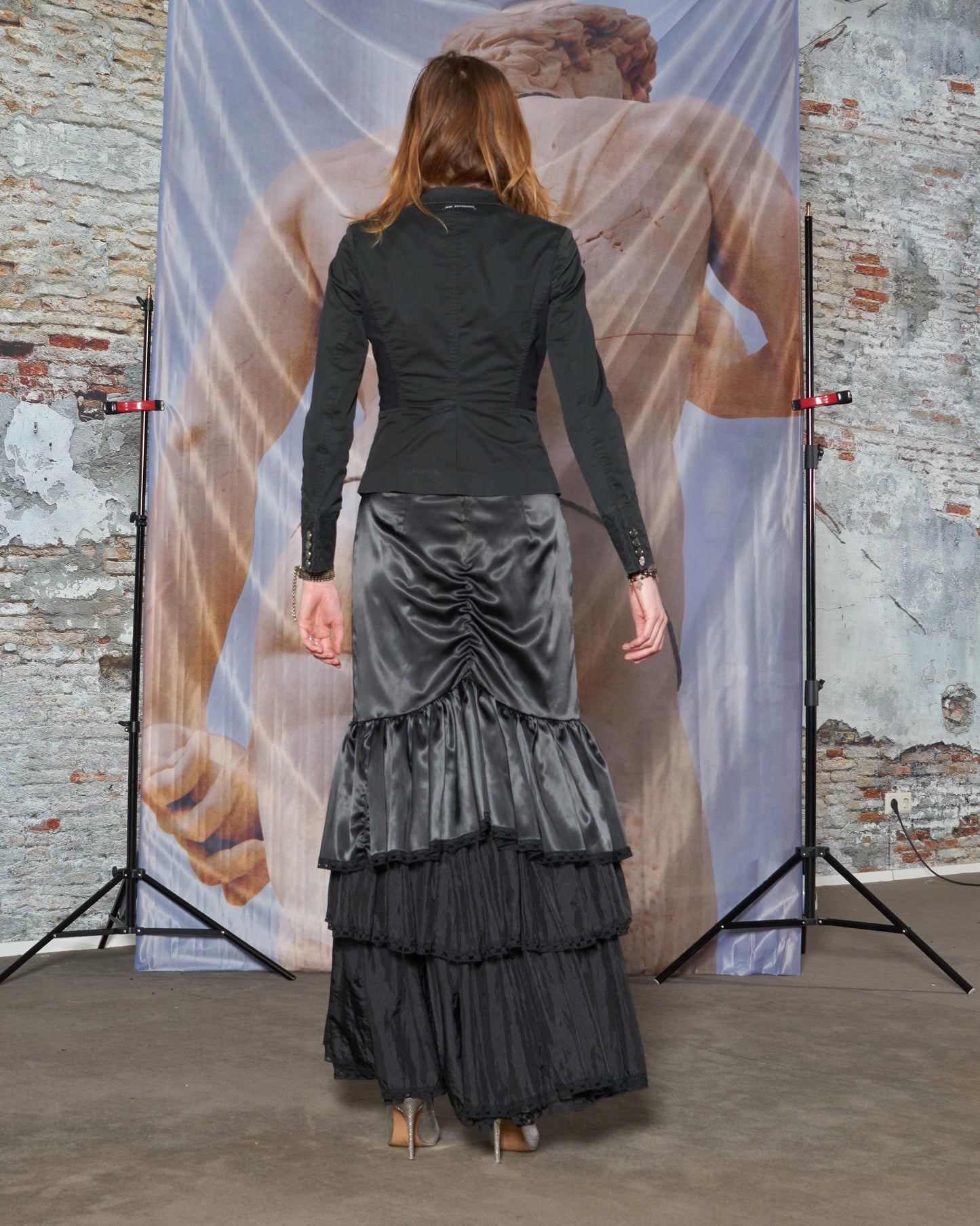 Black Designer Blazer with Mesh Parts around the Waist