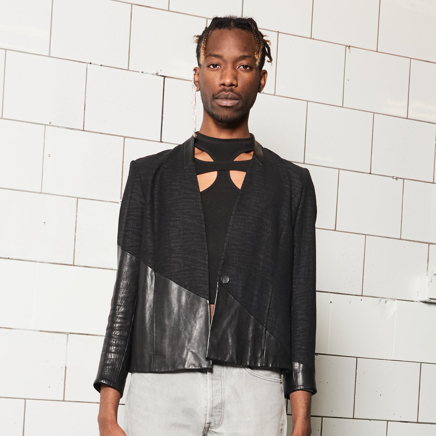 Black Designer Blazer with Asymmetrical Leather Detail