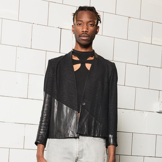 Black Designer Blazer with Asymmetrical Leather Detail