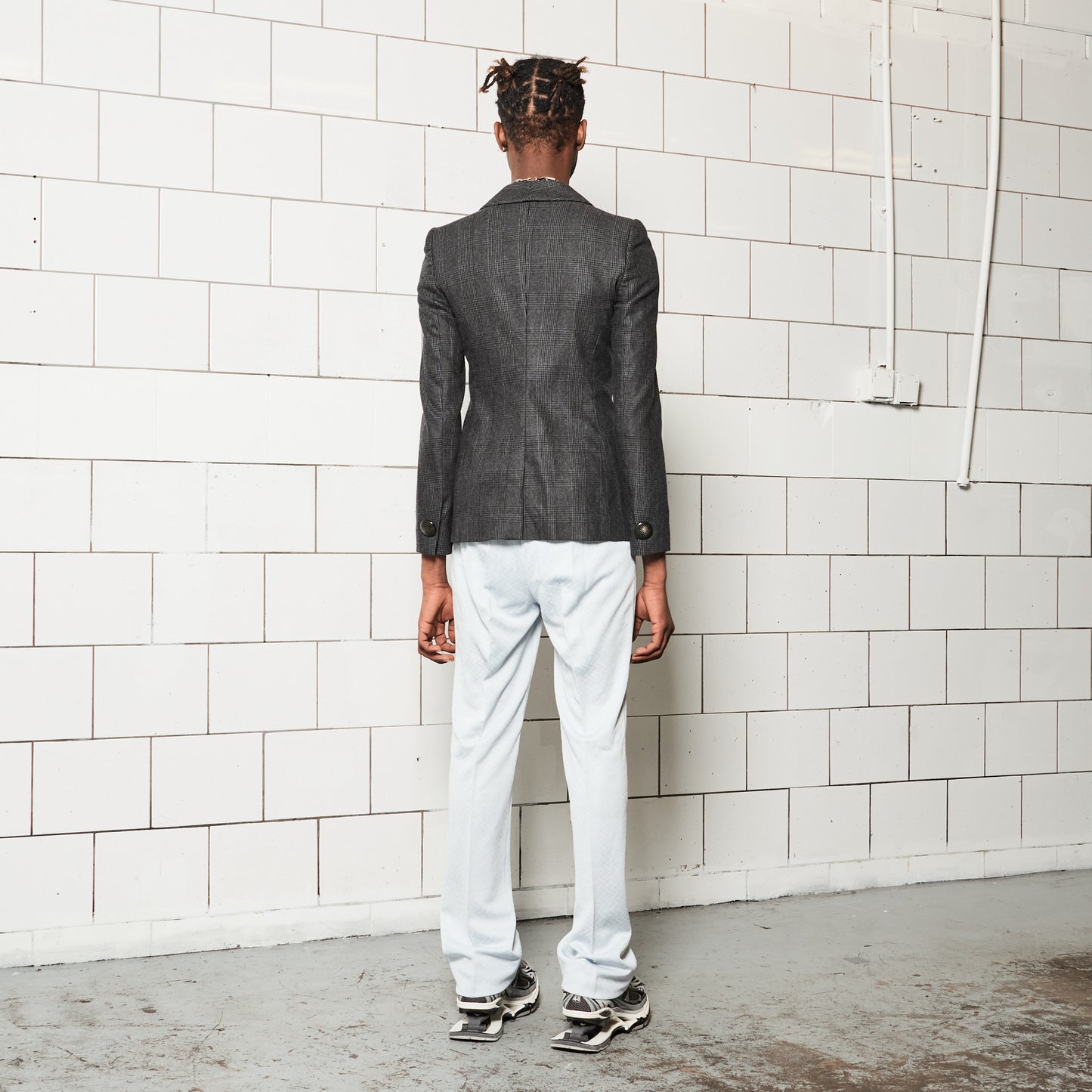 Grey Designer Blazer with Checkered Pattern and Big Buttons