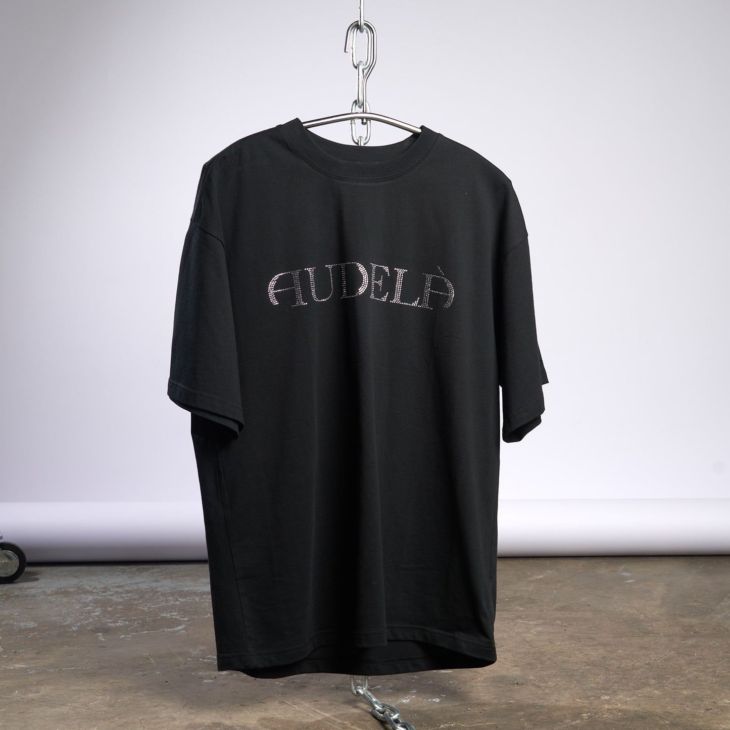 Boxy Black T-Shirt with audelà Logo in Rhinestones