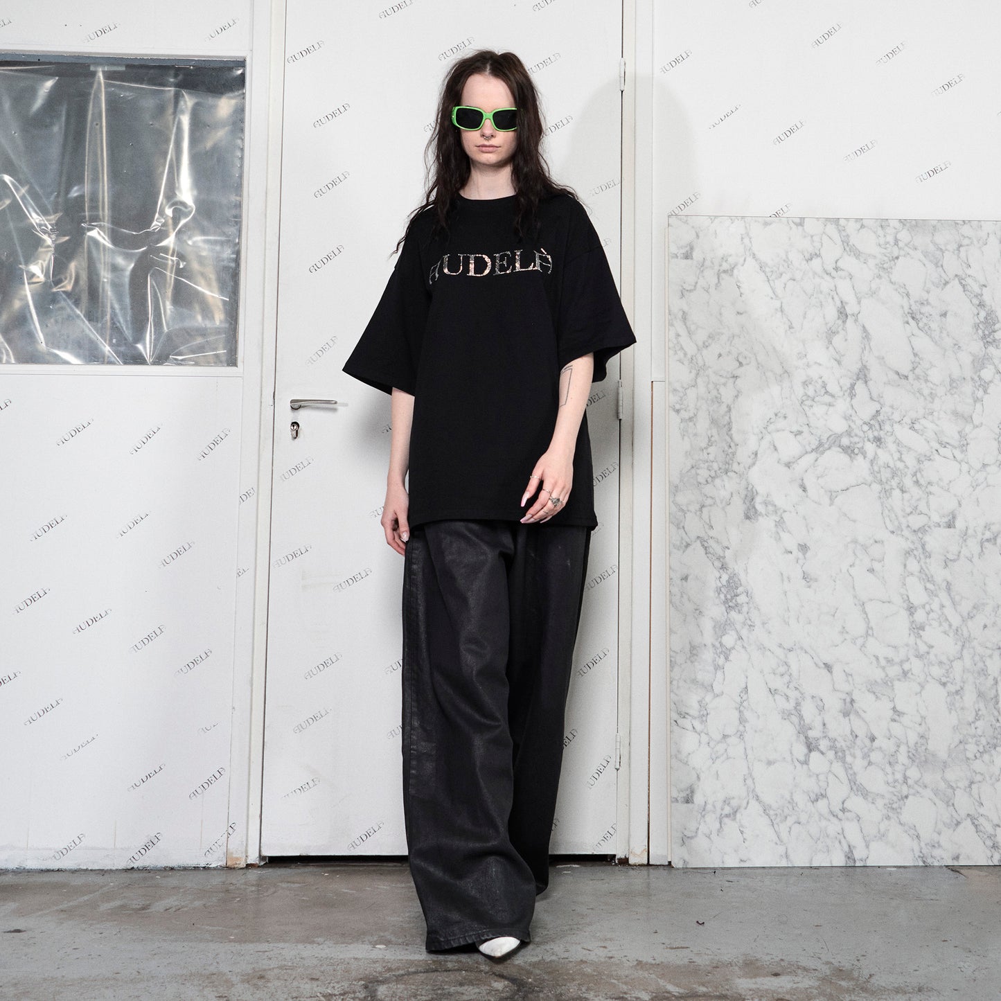 Boxy Black T-Shirt with audelà Logo in Rhinestones