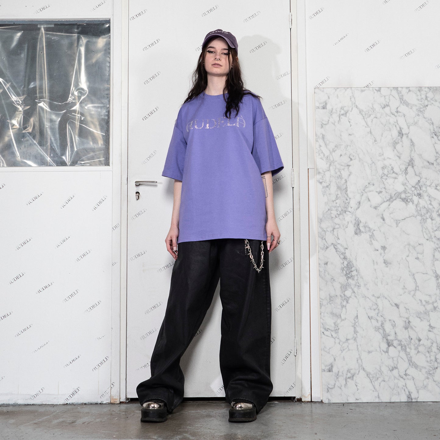 Boxy Purple T-Shirt with audelà Logo in Rhinestones