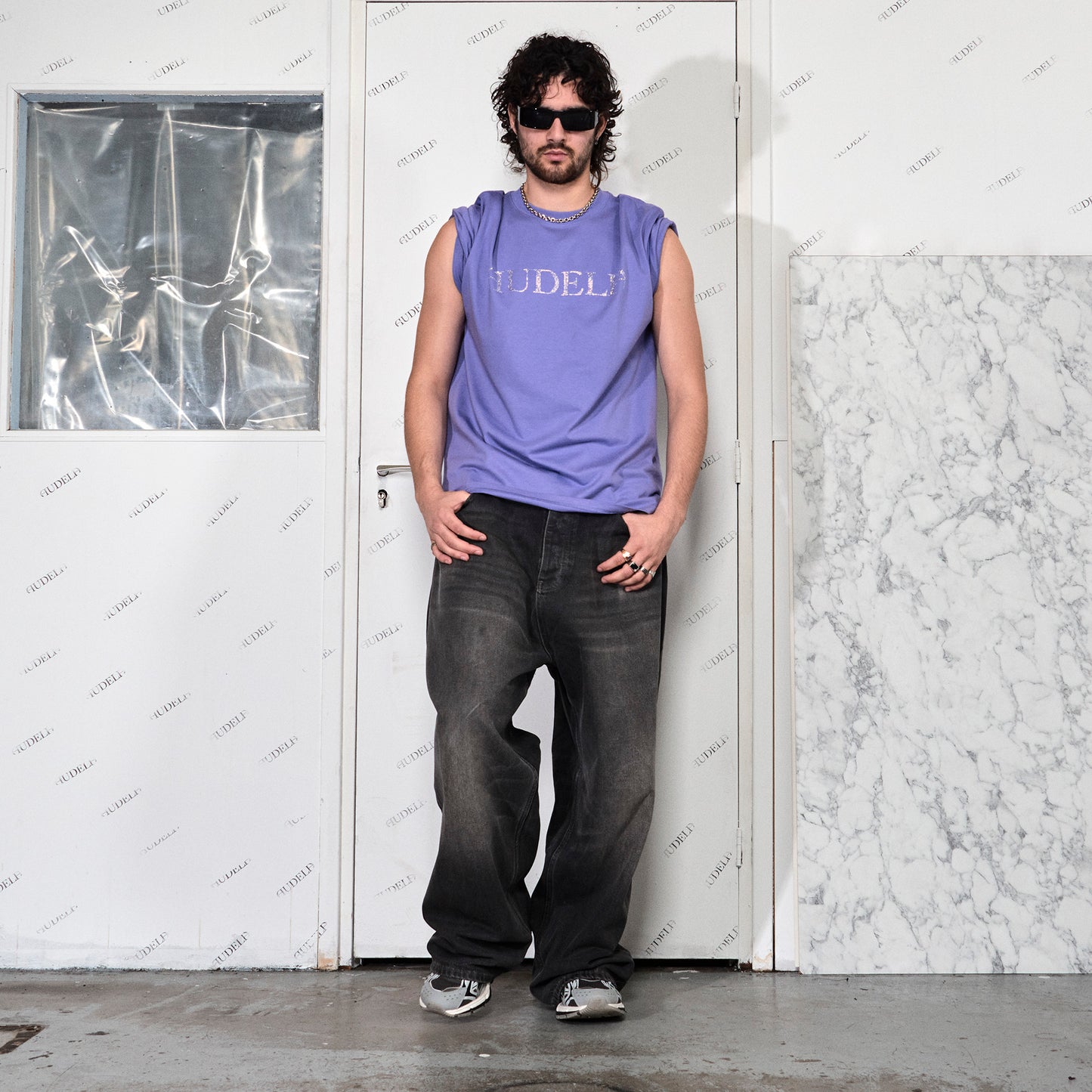 Boxy Purple T-Shirt with audelà Logo in Rhinestones