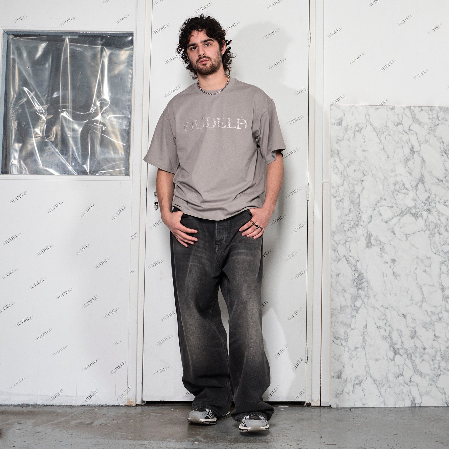 Boxy Beige T-Shirt with audelà Logo in Rhinestones