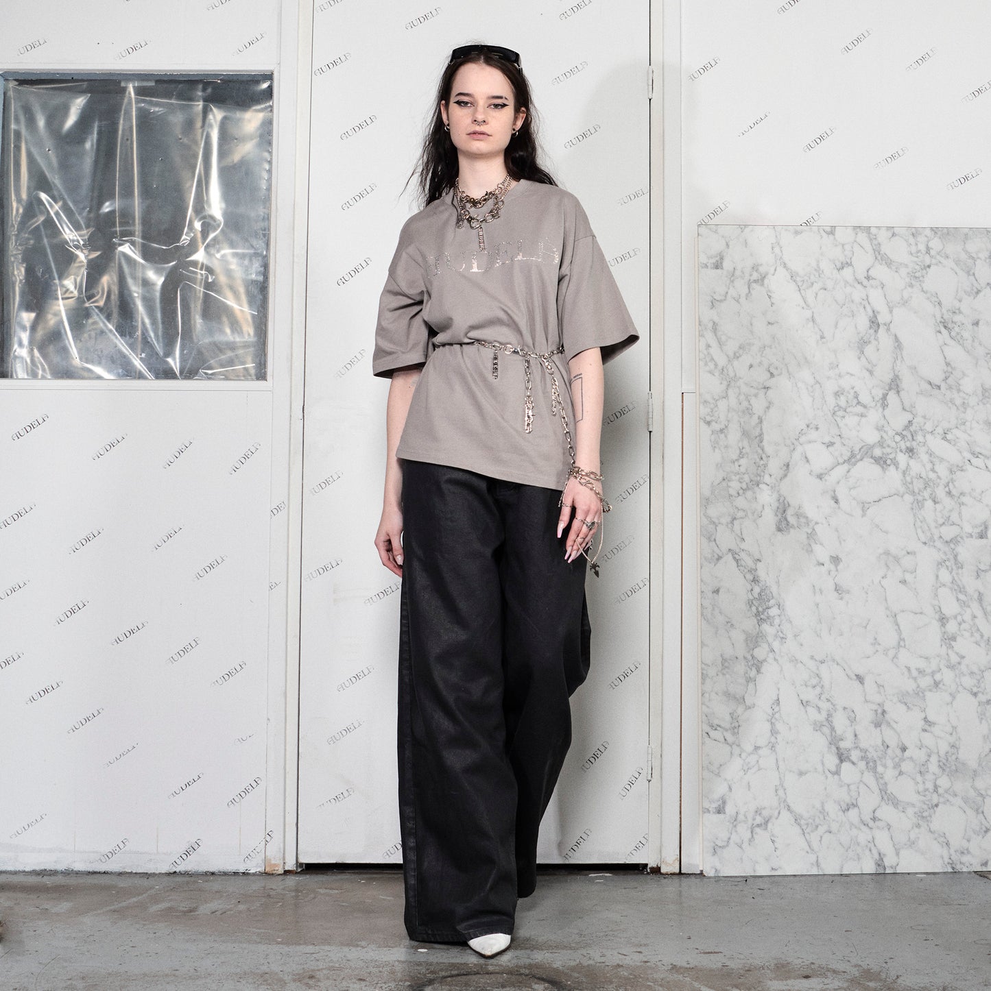 Boxy Beige T-Shirt with audelà Logo in Rhinestones