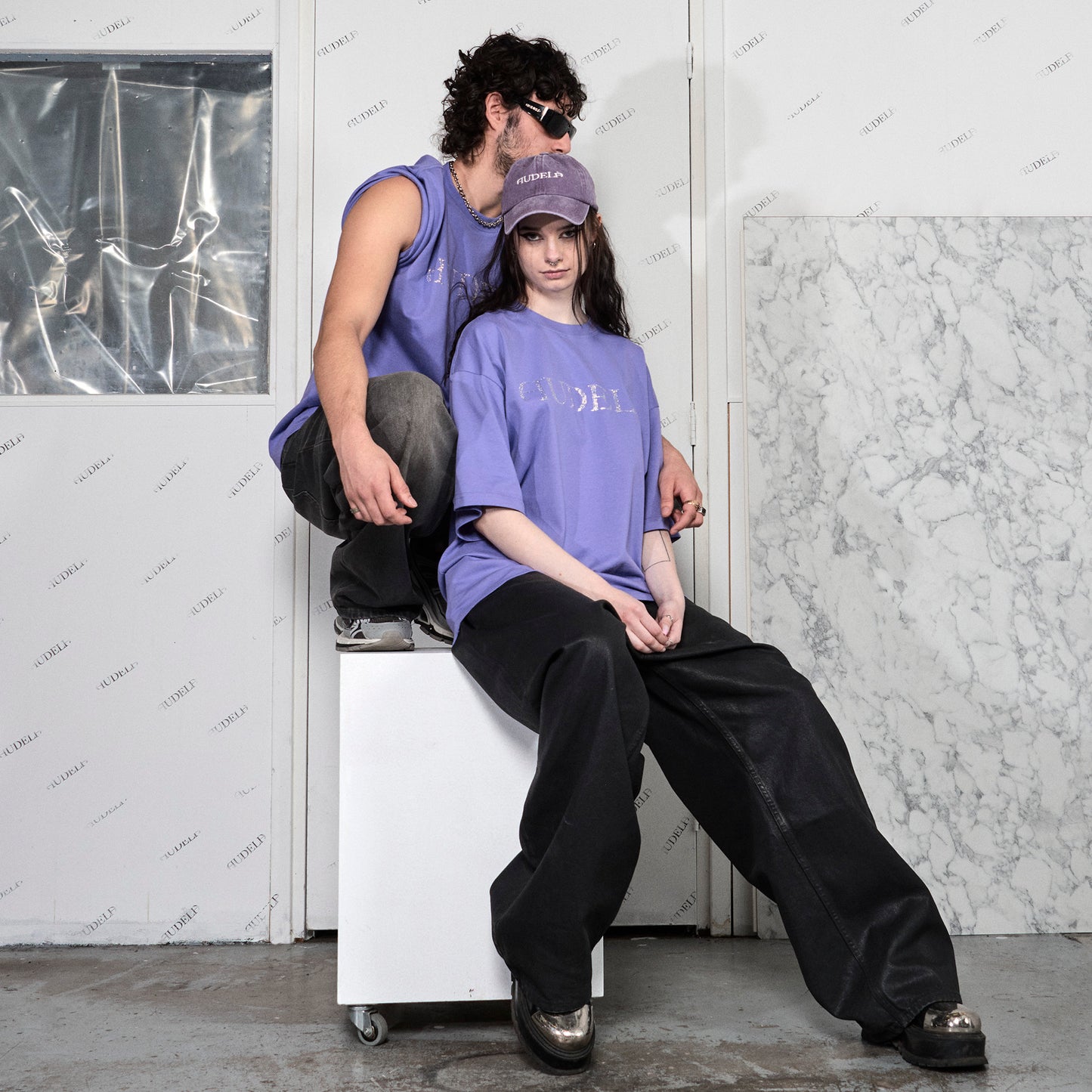 Boxy Purple T-Shirt with audelà Logo in Rhinestones