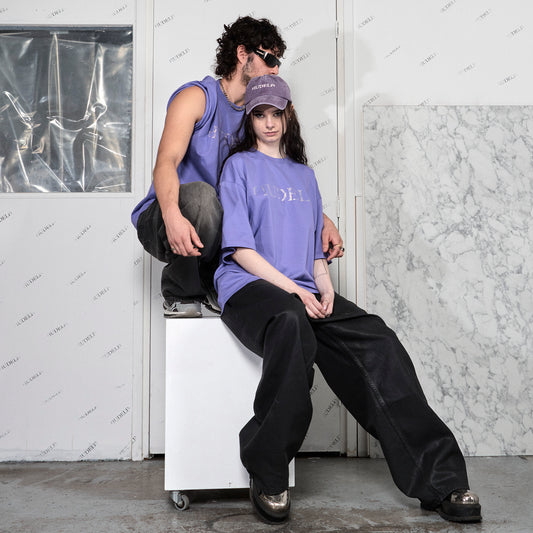 Boxy Purple T-Shirt with audelà Logo in Rhinestones