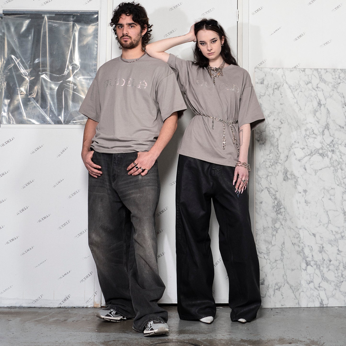 Boxy Beige T-Shirt with audelà Logo in Rhinestones