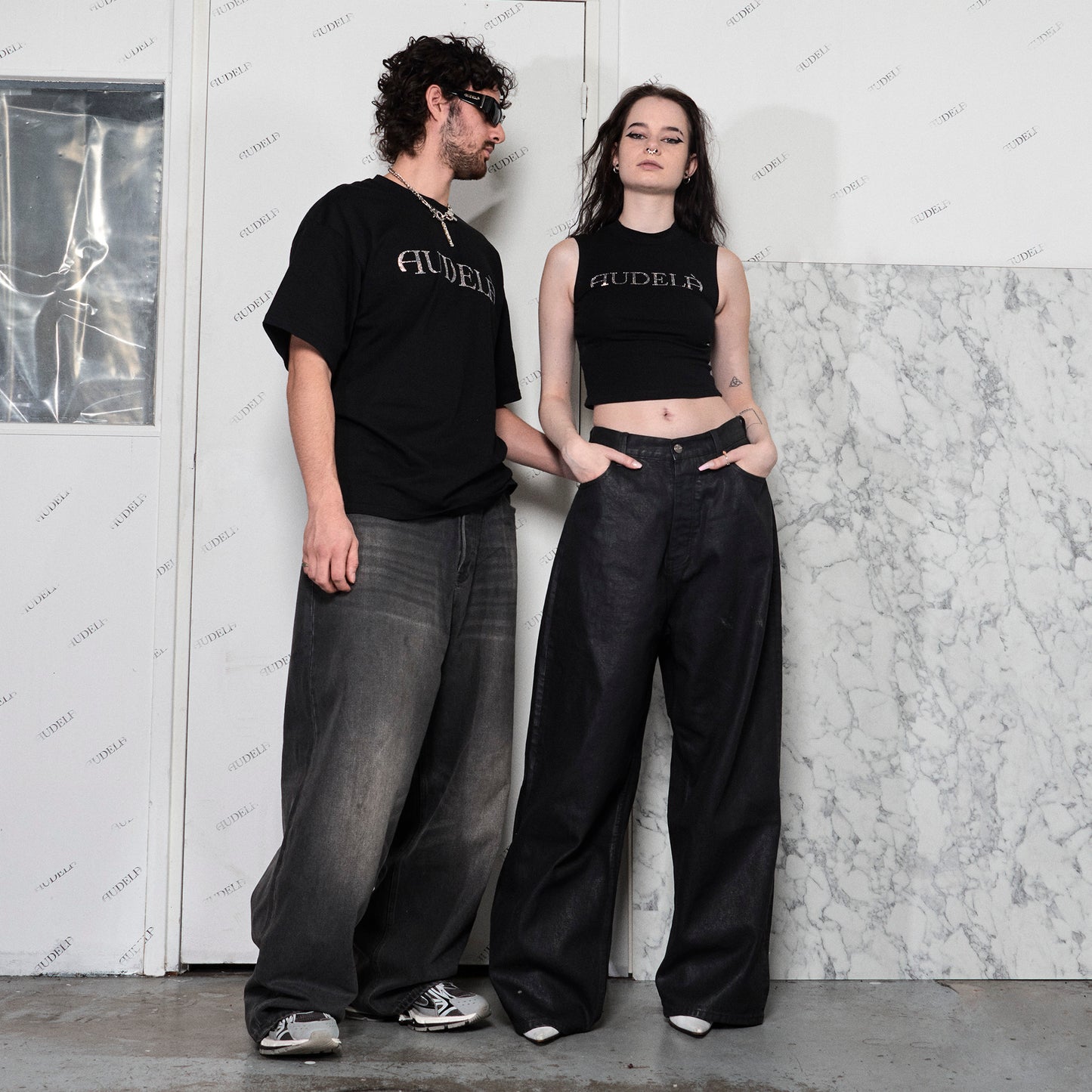 Boxy Black T-Shirt with audelà Logo in Rhinestones