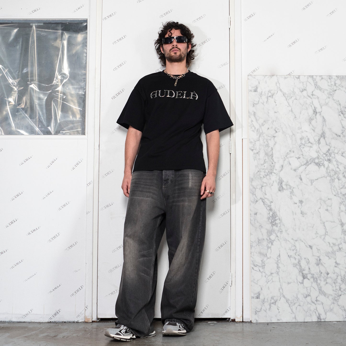 Boxy Black T-Shirt with audelà Logo in Rhinestones