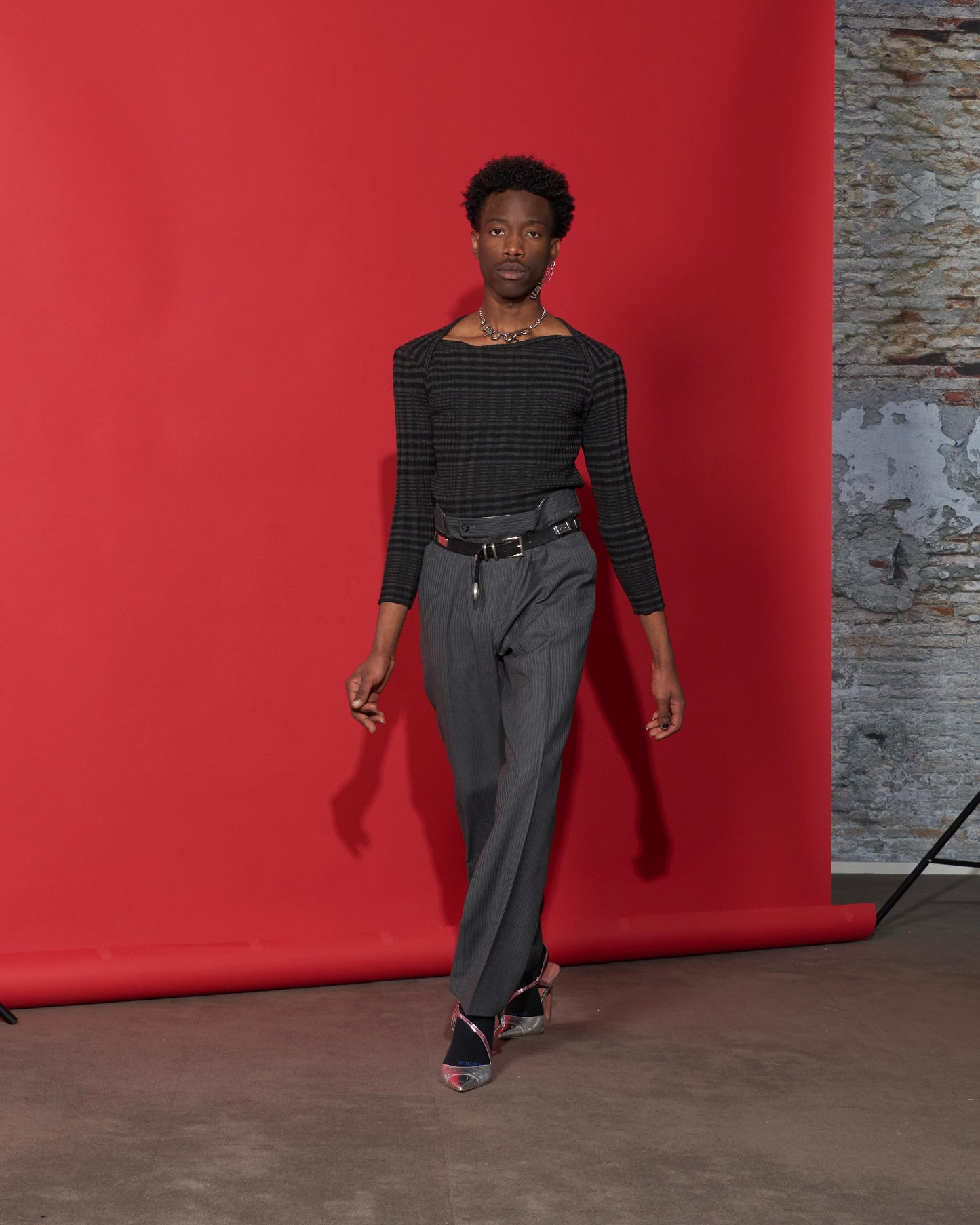 Black and Grey Checkered Sweater with Boat Neckline