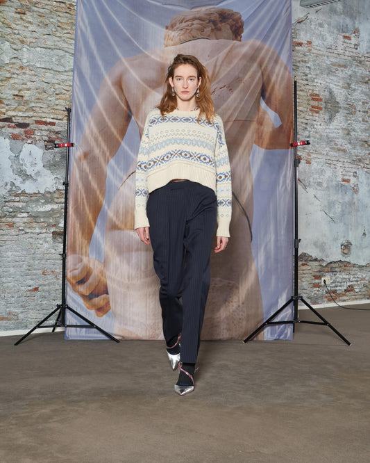 Beige White Knitted Designer Sweater