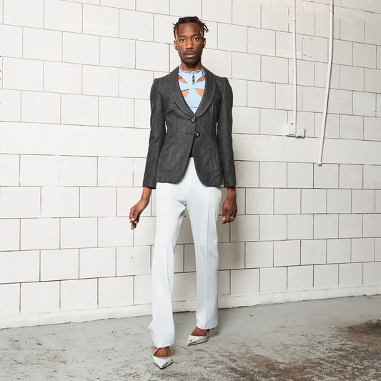 Grey Designer Blazer with Checkered Pattern and Big Buttons