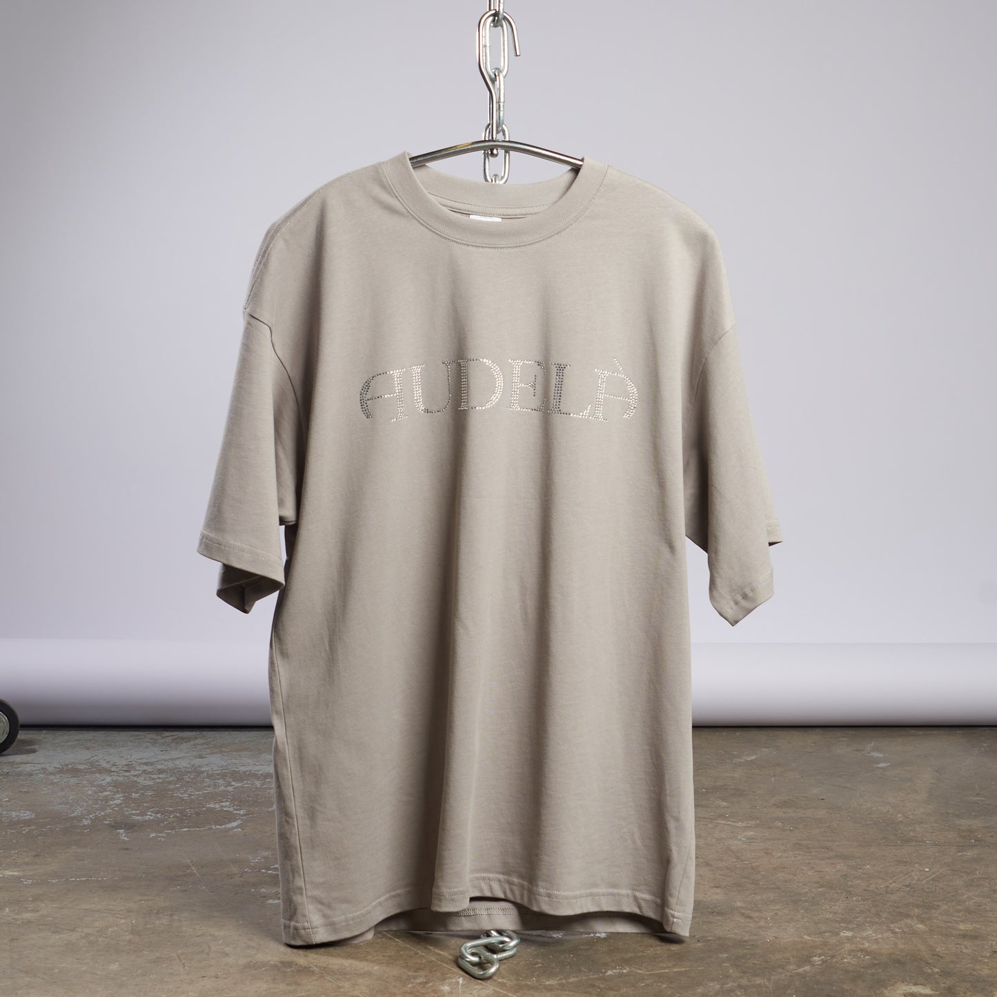 Boxy Beige T-Shirt with audelà Logo in Rhinestones