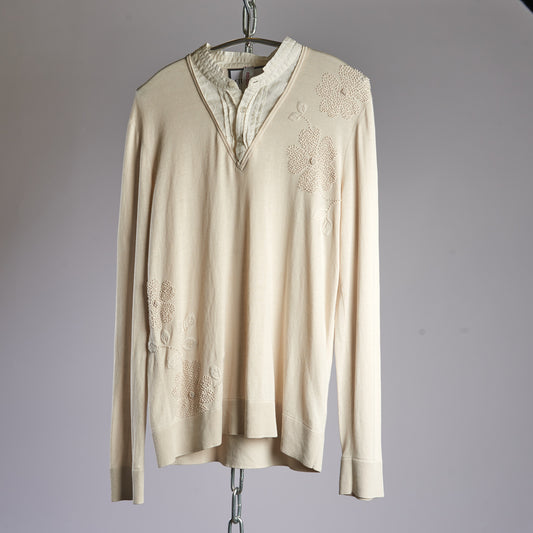 Designer Beige Knitted Sweater with a Shirt Collar Sewn in it