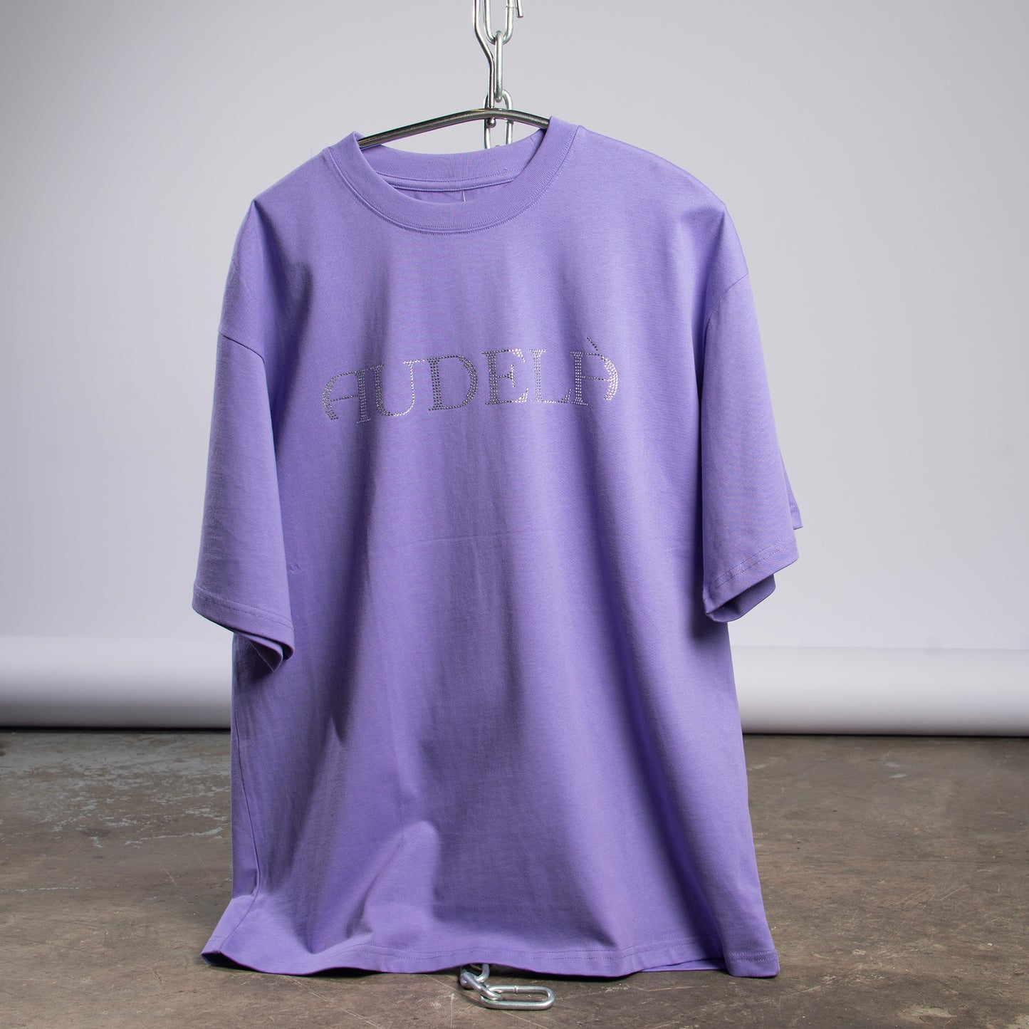 Boxy Purple T-Shirt with audelà Logo in Rhinestones
